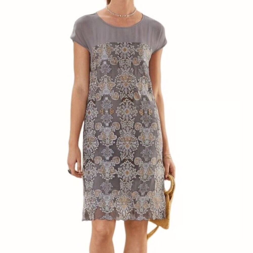 SUNDANCE Floral Embroidered Sheer Overlay Cocktail Dress L Gray Bohemian Luxe